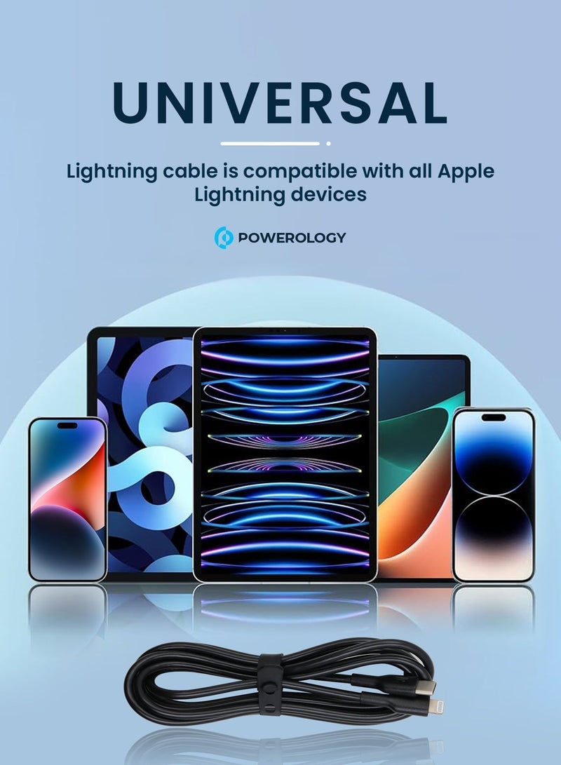 باورولوجي شاحن آيفون من النوع سي إلى كابل لايتنينج 1.2 متر بي دي 20 وات مزامنة وشحن سريع للبيانات متوافق مع آيفون 14/14 بلس / 14 برو / 14 برو ماكس/13/12/11/اكس اس / برو ماكس / برو / ميني / سي/ ايباد 9-اسود - Image 4